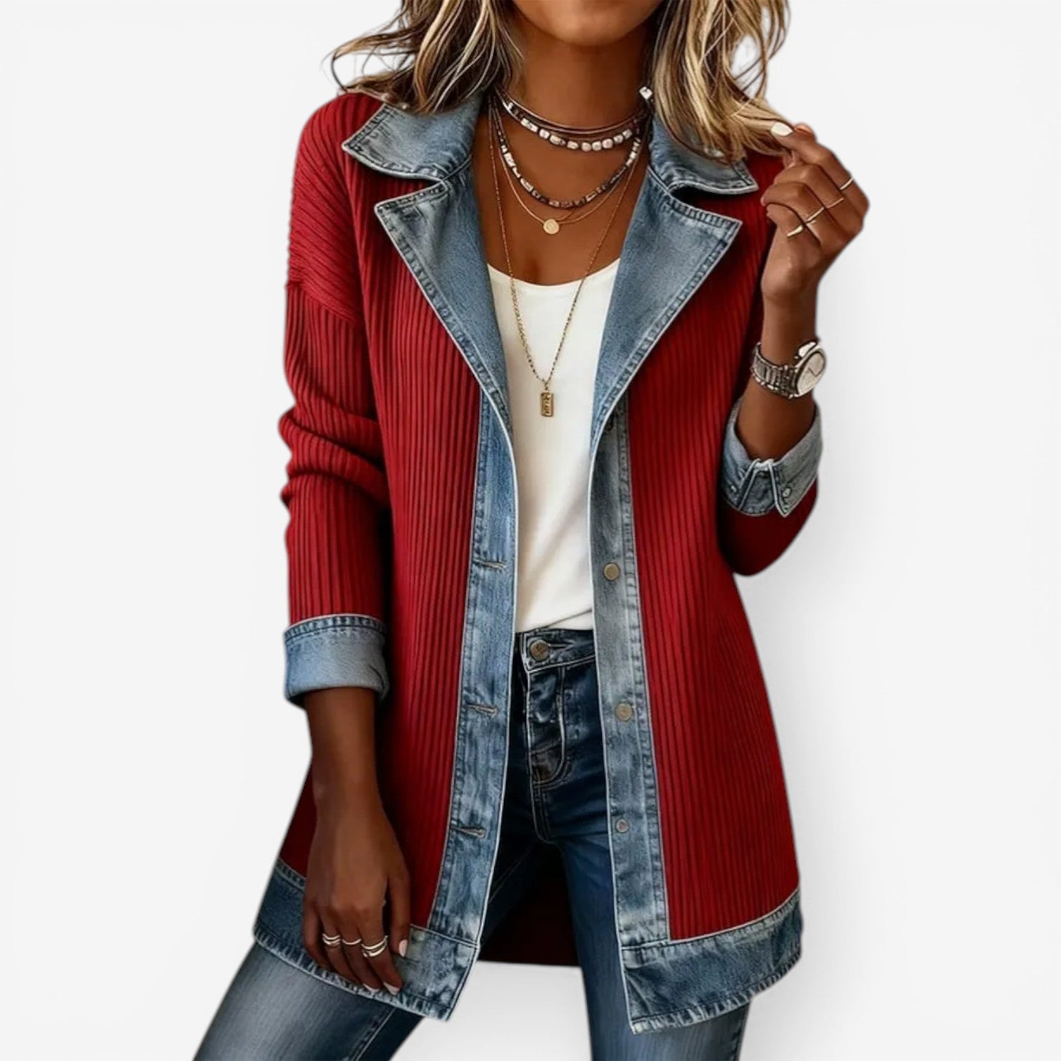 Tirexa - Veste Femme Style Denim Mélangé Effet Superposé Moderne