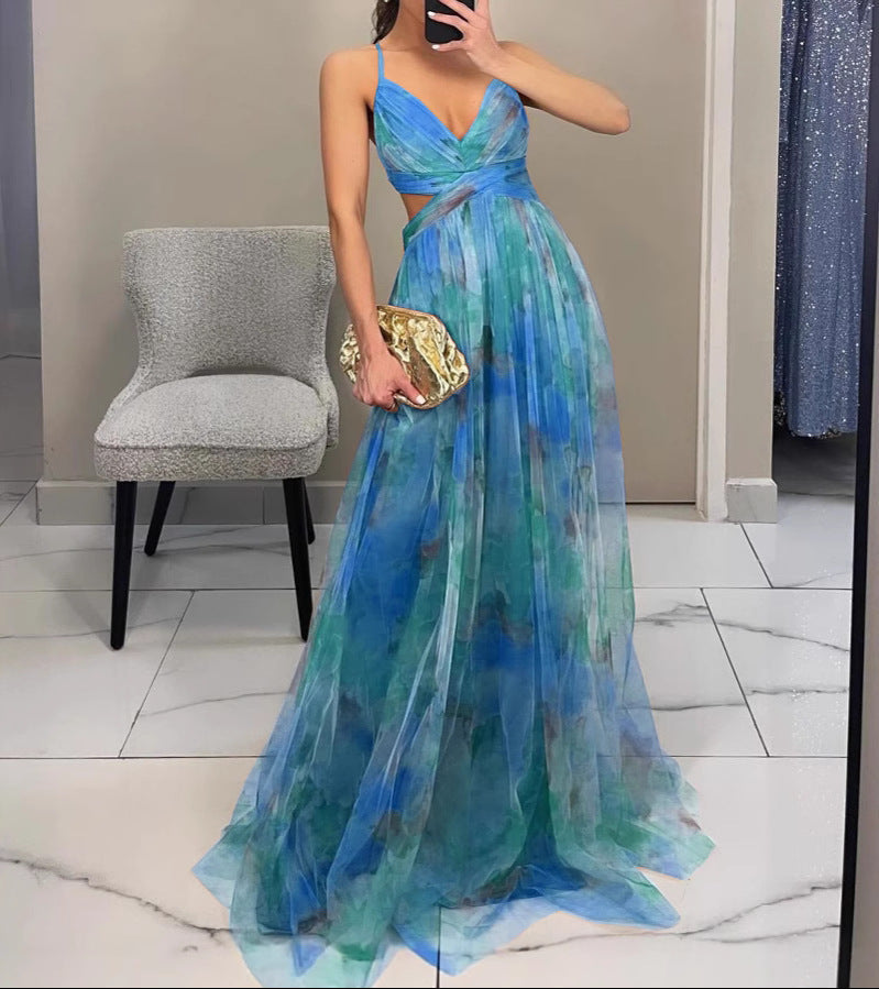 Helena - Robe Maxi Femme Fluide Décolleté V Bretelles Fines Élégance Florale