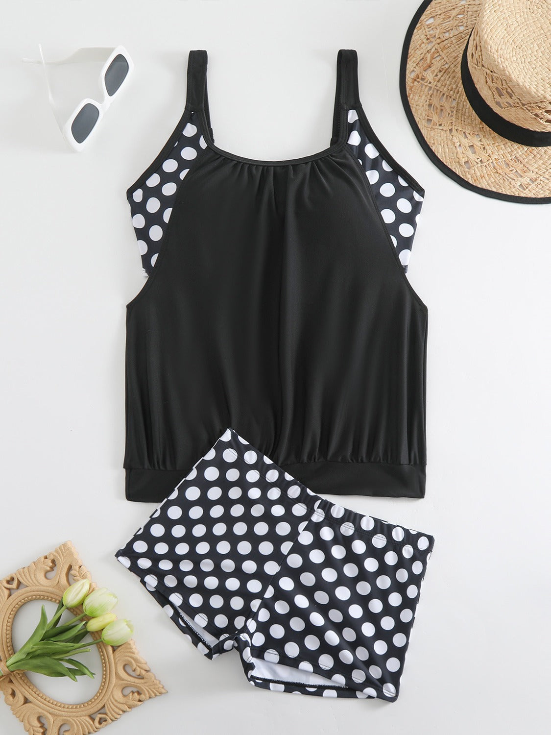 Hesoria - Maillot de bain femme deux pièces pois taille haute été plage