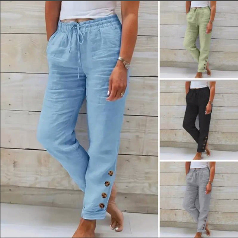 Korielle - Pantalon femme léger avec taille à cordon et boutons aux chevilles