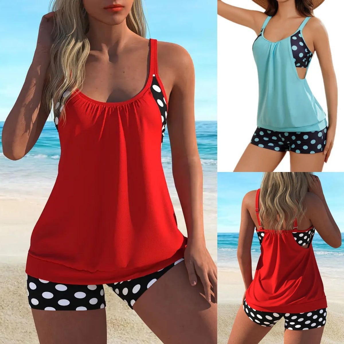 Hesoria - Maillot de bain femme deux pièces pois taille haute été plage
