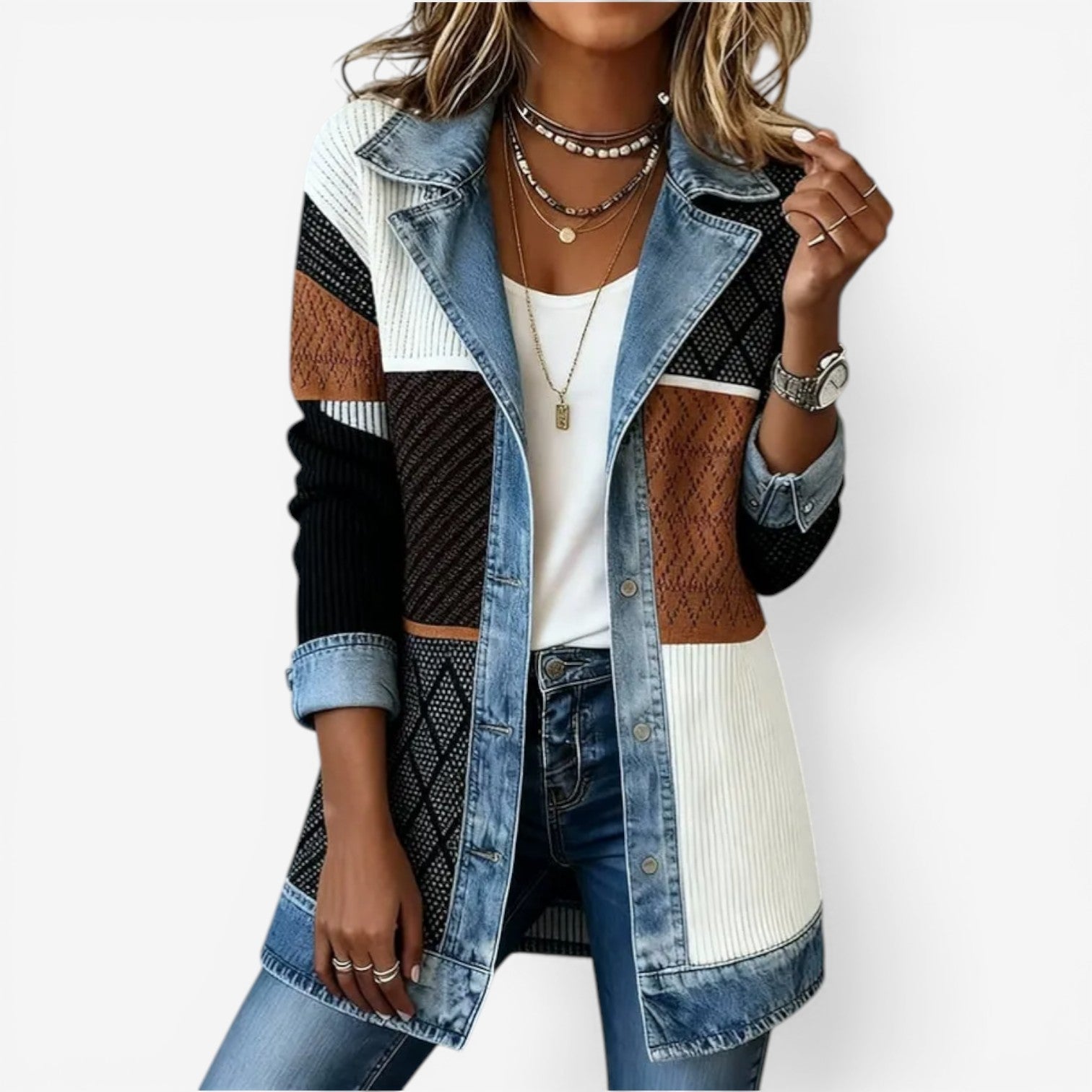 Tirexa - Veste Femme Style Denim Mélangé Effet Superposé Moderne