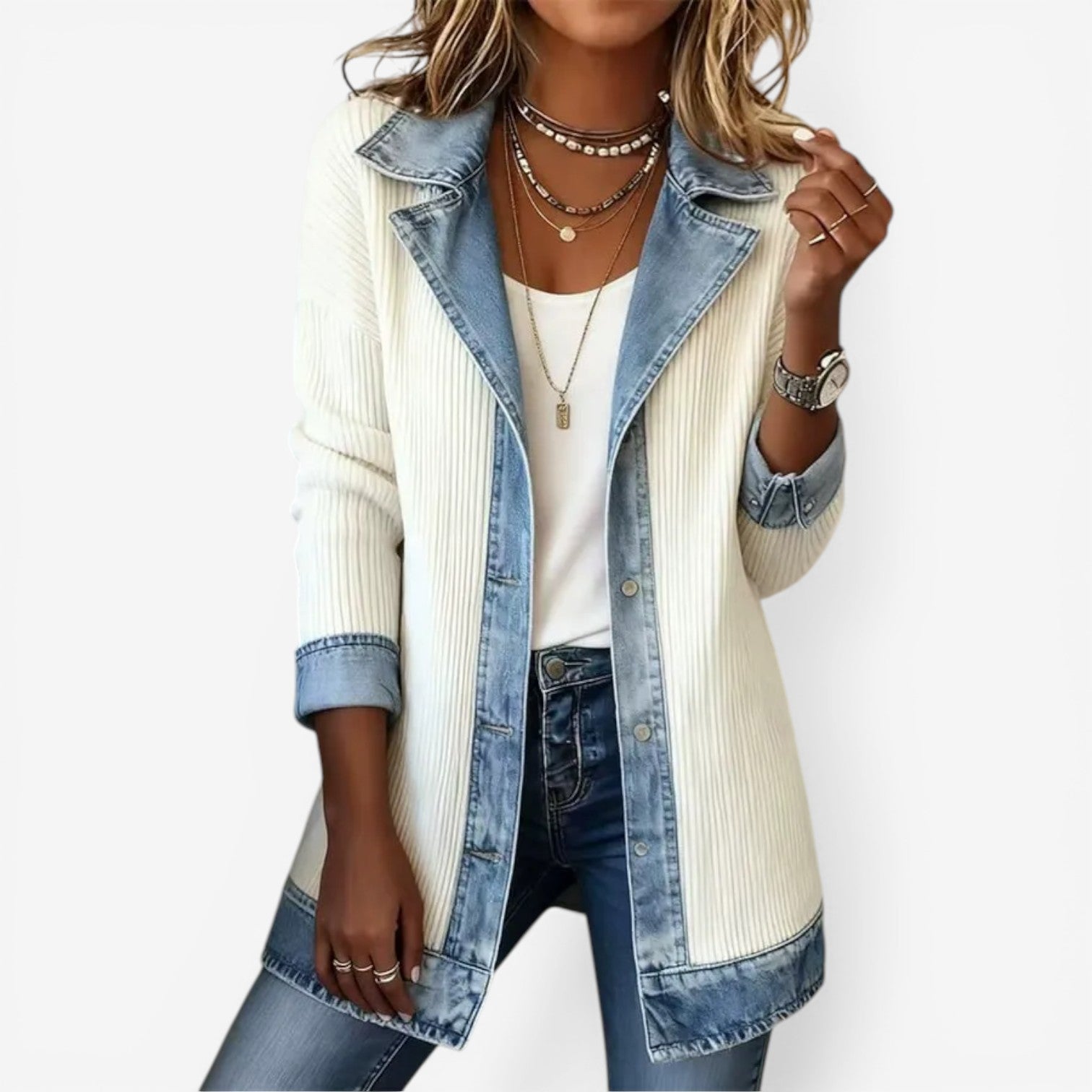 Tirexa - Veste Femme Style Denim Mélangé Effet Superposé Moderne