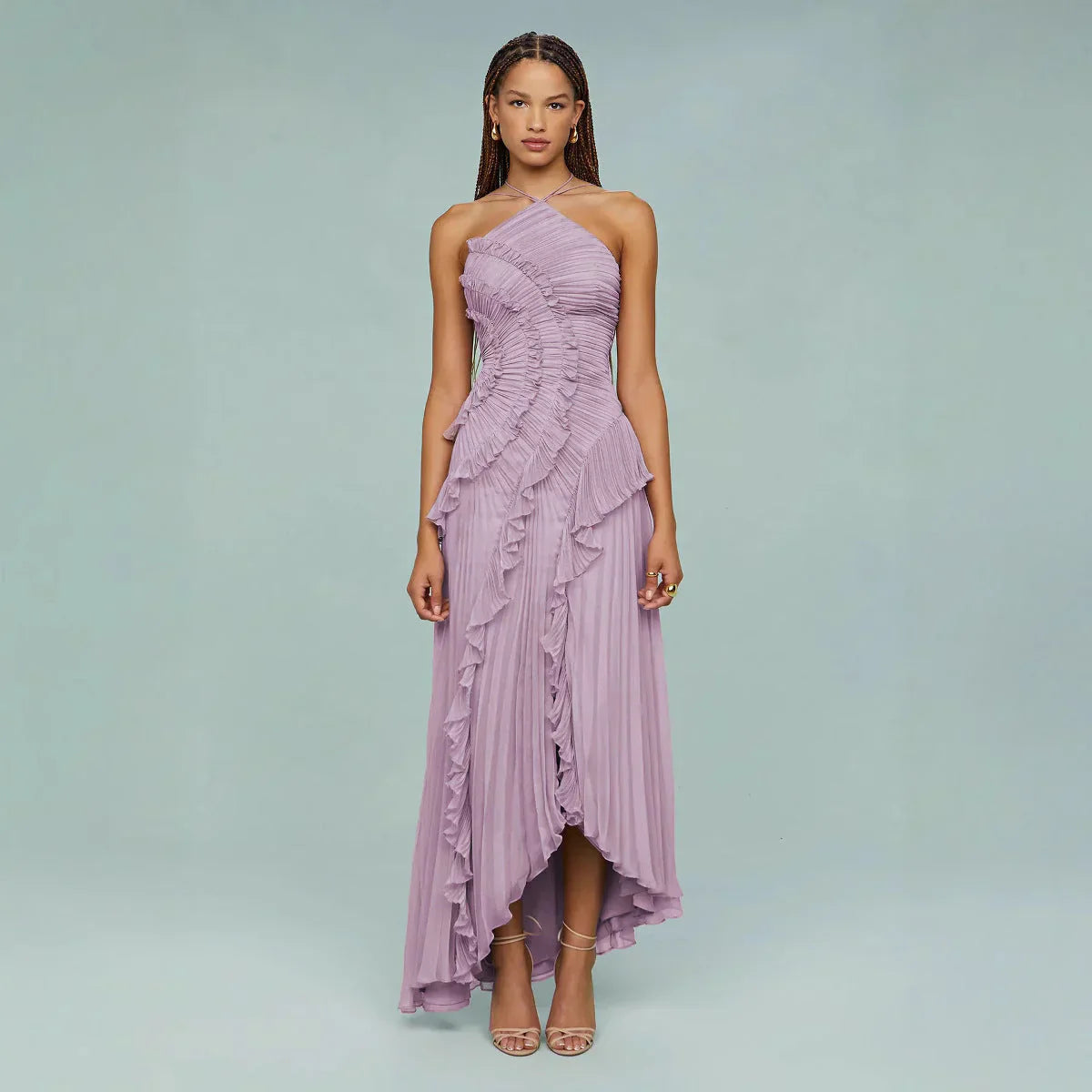 Bravielle - Robe longue femme plissée avec volants asymétriques élégants