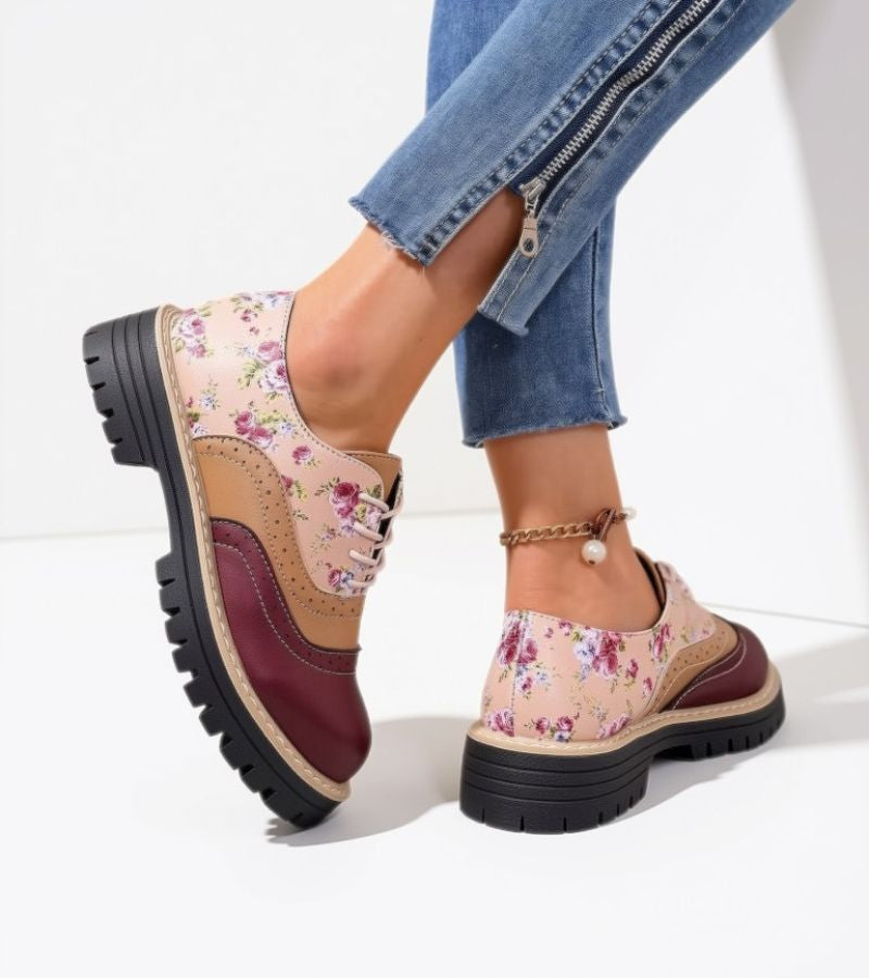 Maan - Chaussures Oxford Femme à Lacets avec Motif Floral et Semelle Épaisse
