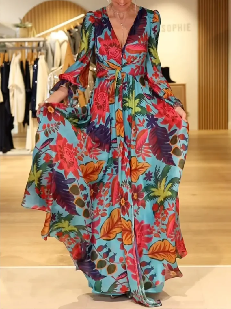 Savelie - Robe Longue Florale Col V Élégant