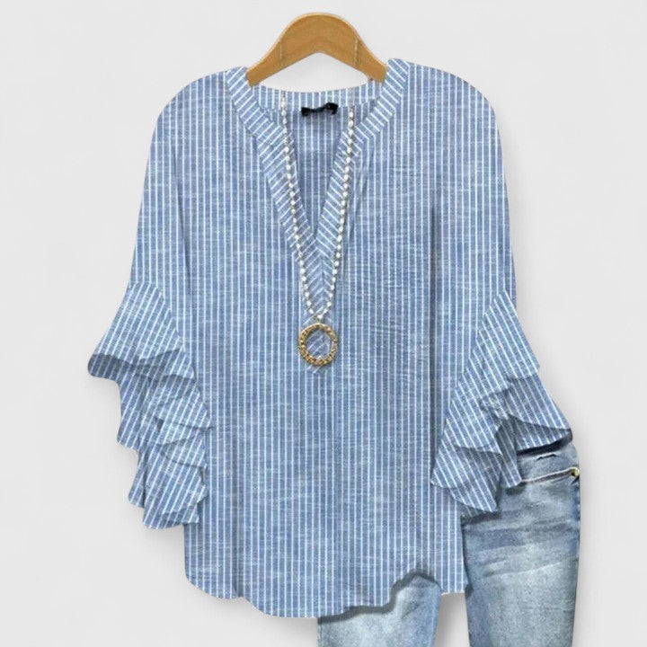Myravelle - Elegant Women's Bohemian Printed Blouse with Flounced Sleeves