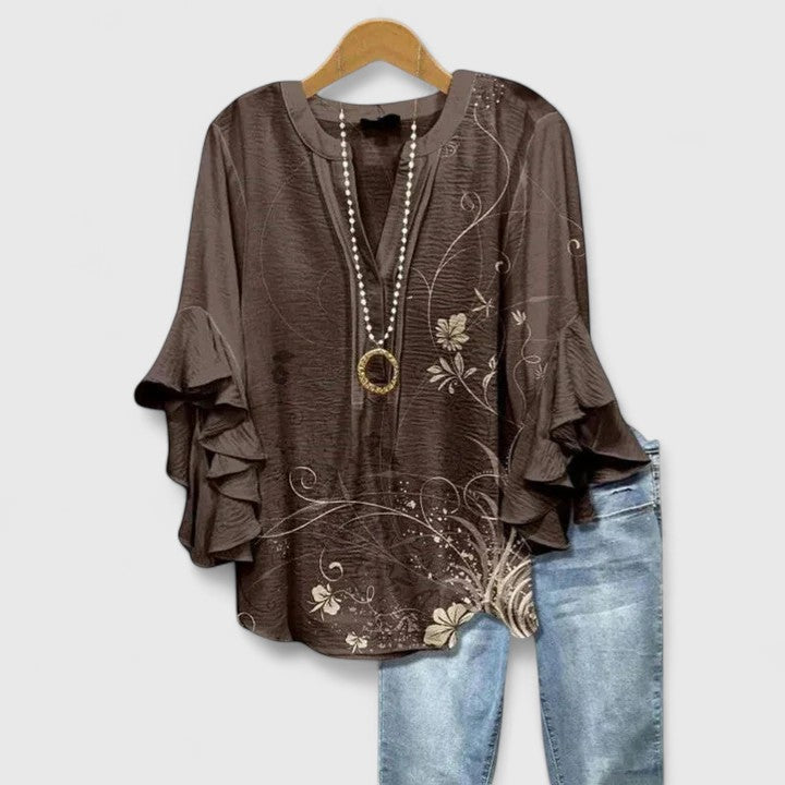 Myravelle - Elegant Women's Bohemian Printed Blouse with Flounced Sleeves