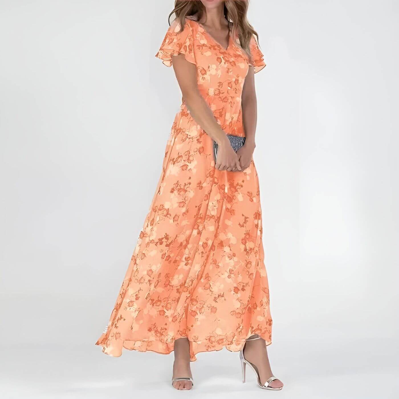 Sorevixa - Robe maxi femme à fleurs élégante avec col V fluide