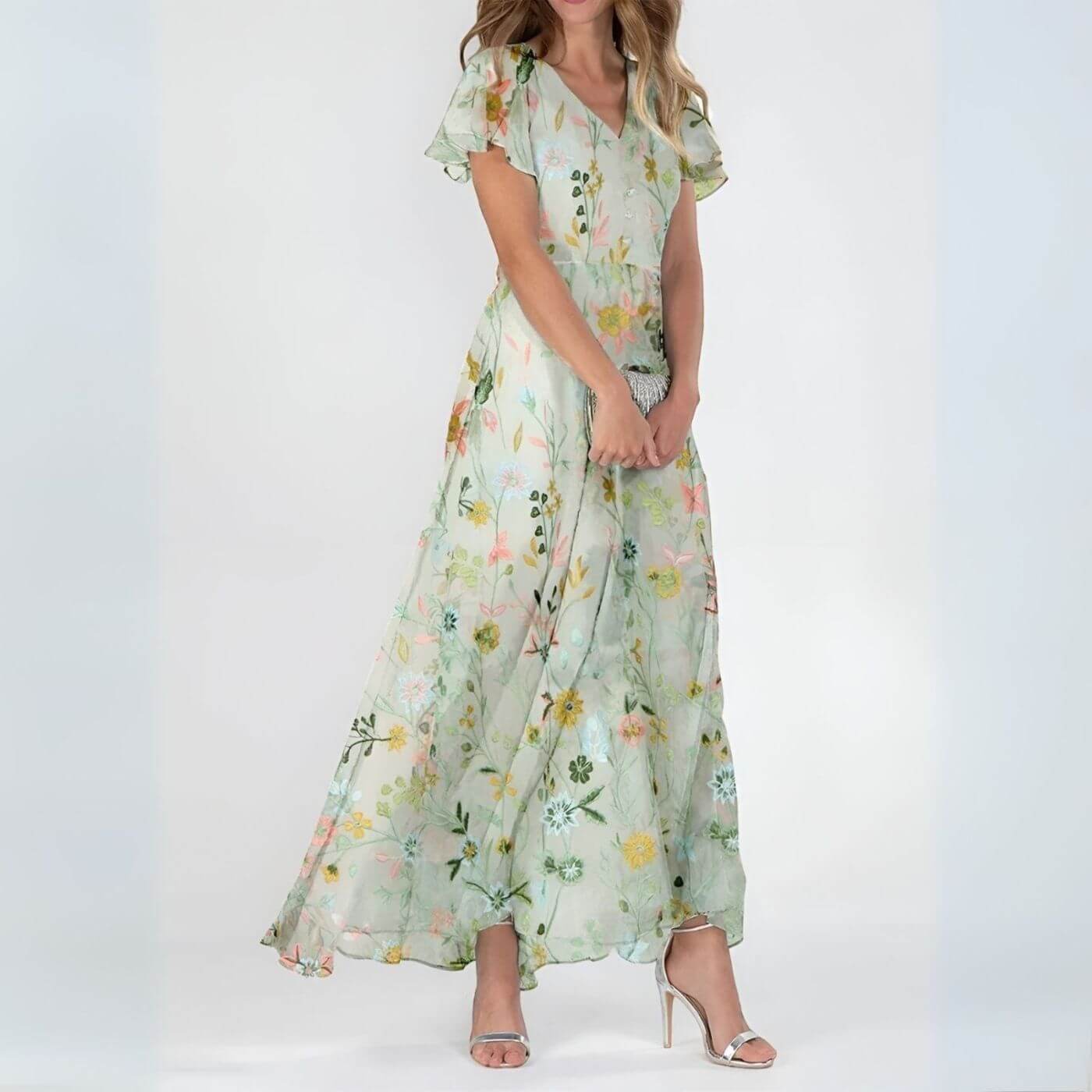 Sorevixa - Robe maxi femme à fleurs élégante avec col V fluide