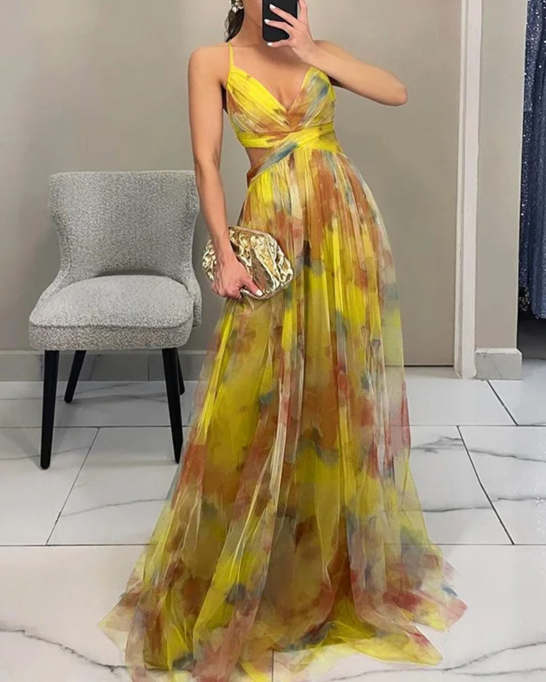 Helena - Robe Maxi Femme Fluide Décolleté V Bretelles Fines Élégance Florale