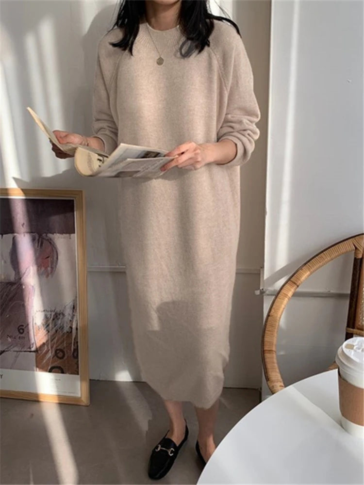 Calixte - Robe longue tricotée décontractée à col rond pour femme