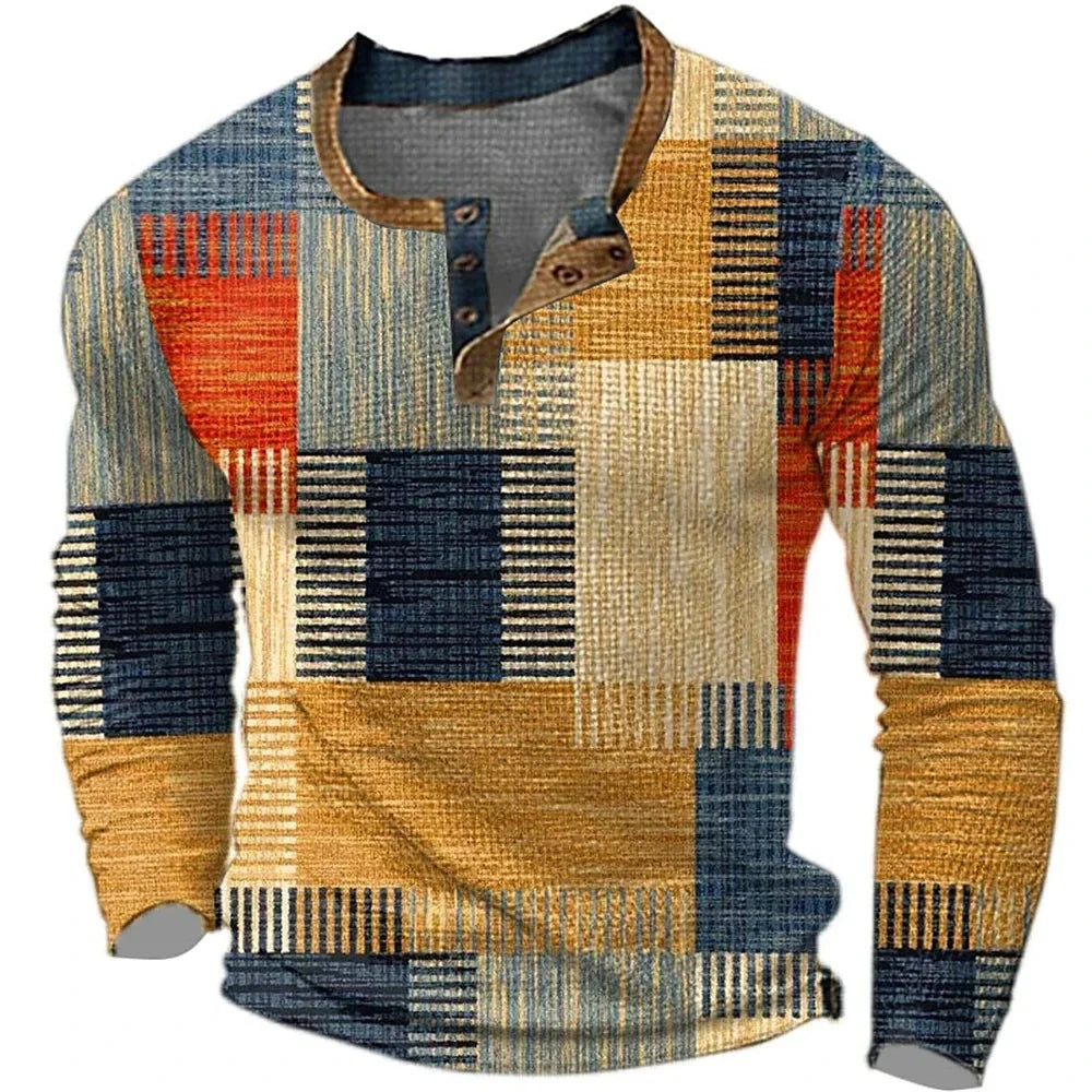 Damian - T-shirt homme manches longues imprimé géométrique col Henley
