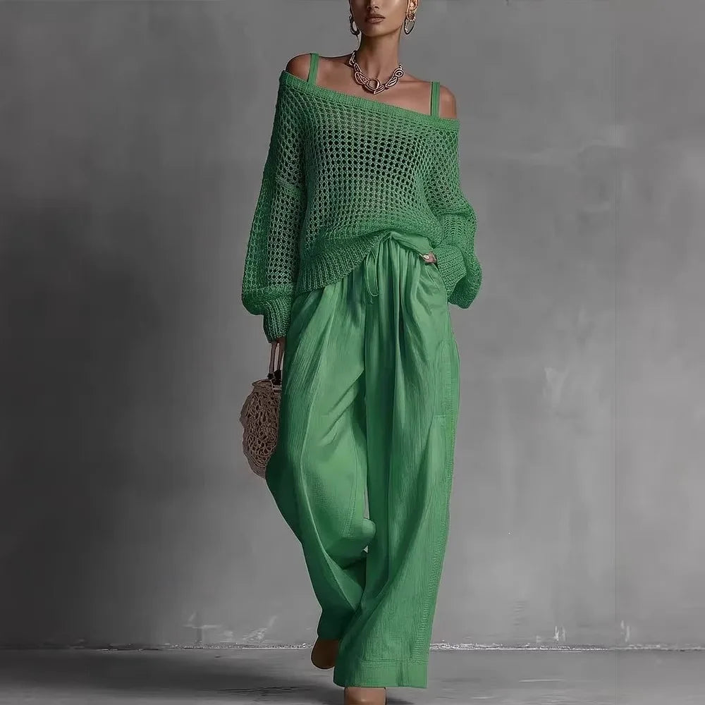Cleora - Ensemble femme deux pièces avec pull ajouré et pantalon large