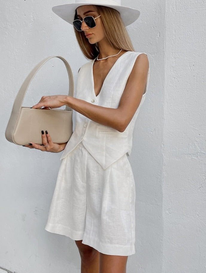 Brionnae - Ensemble femme en coton lin avec gilet boutonné et short