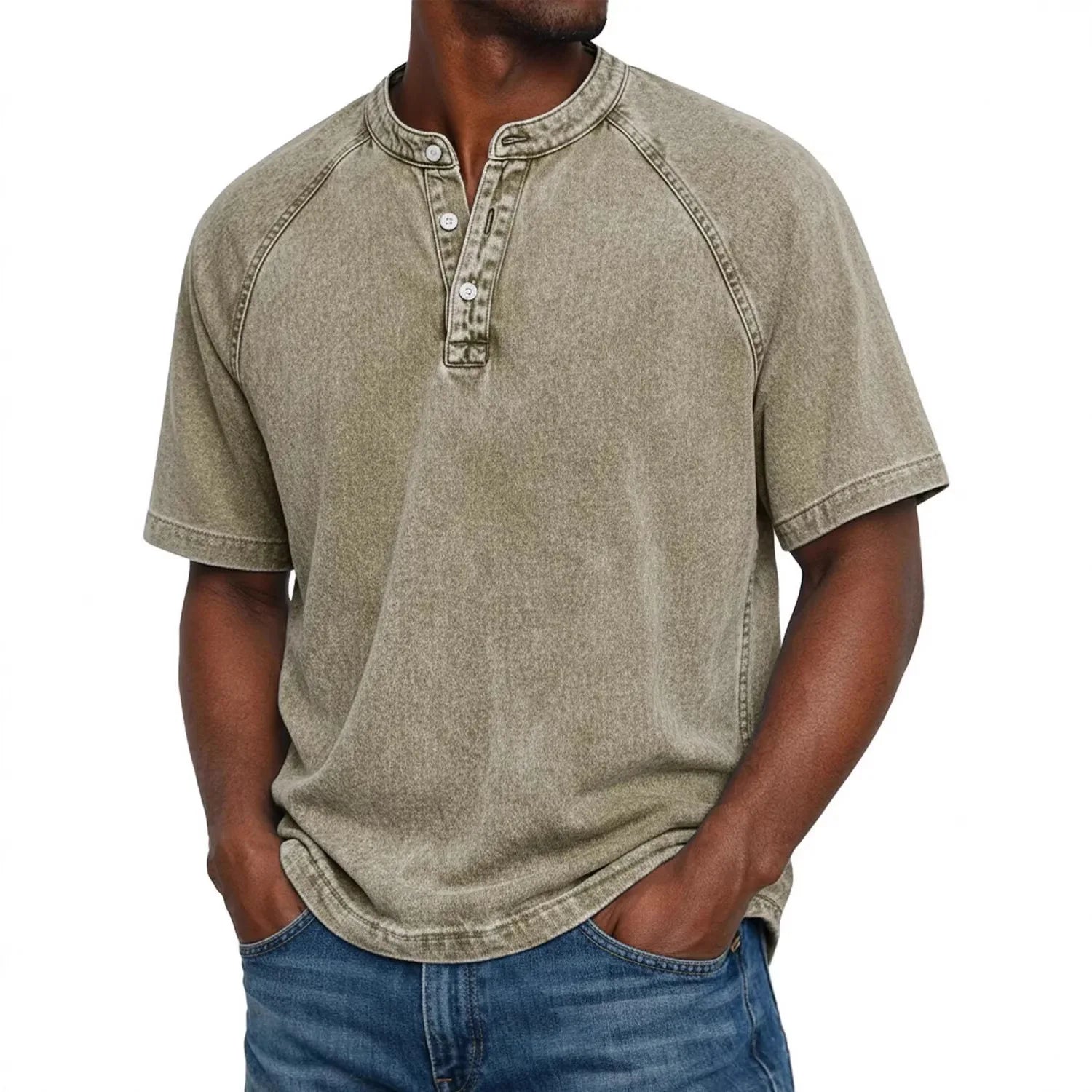 Elias - T-shirt homme col Henley manches courtes effet délavé vintage coton