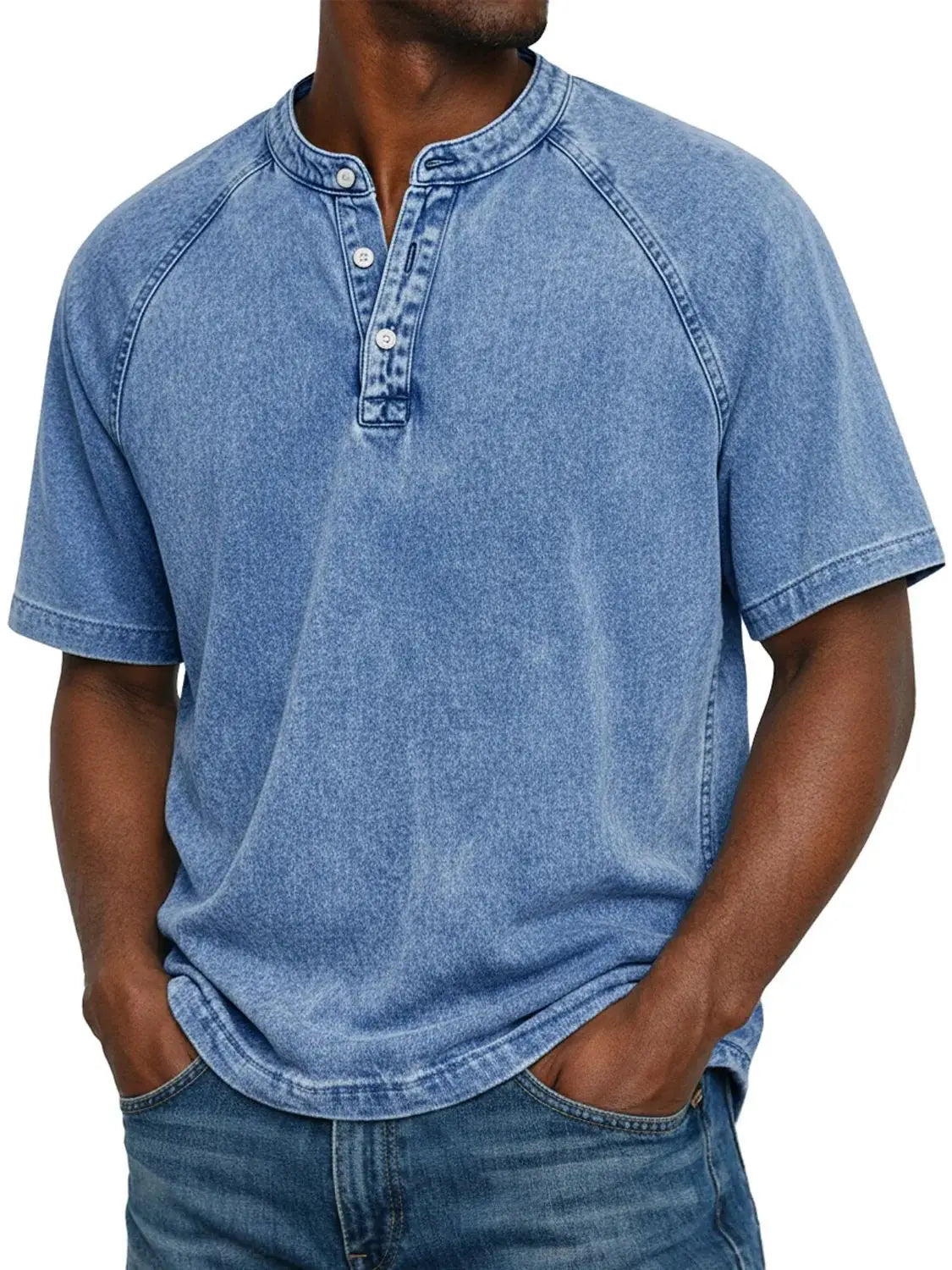 Elias - T-shirt homme col Henley manches courtes effet délavé vintage coton