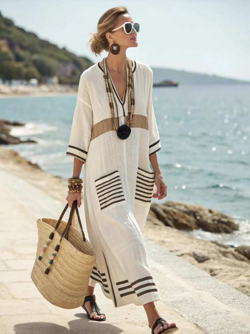 Gorielle - Robe femme maxi lin col V rayures contrastées coupe ample