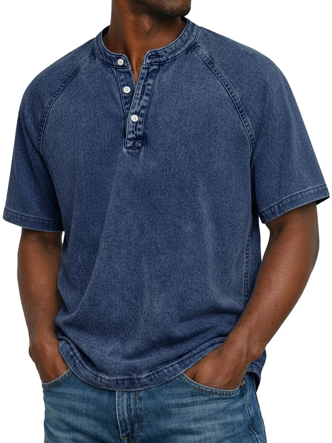 Elias - T-shirt homme col Henley manches courtes effet délavé vintage coton
