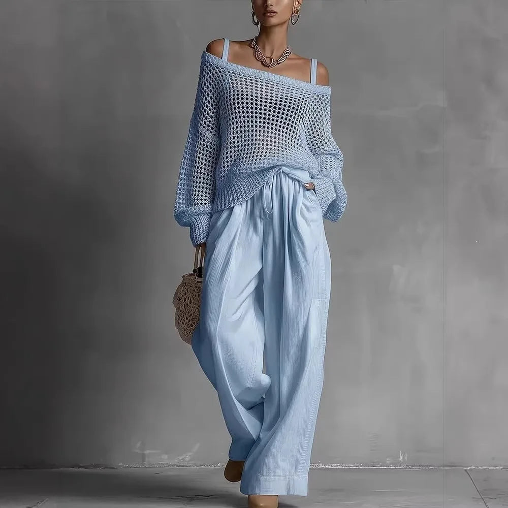 Cleora - Ensemble femme deux pièces avec pull ajouré et pantalon large