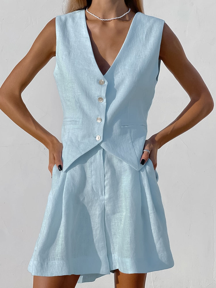 Brionnae - Ensemble femme en coton lin avec gilet boutonné et short