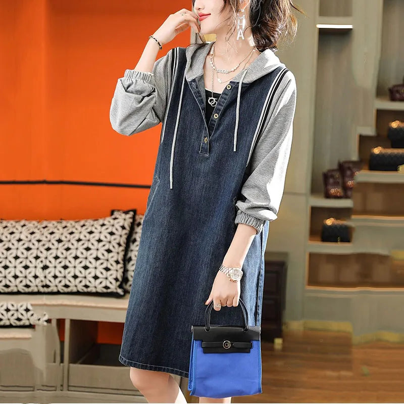 Isavellea - Robe Sweat Patchwork en Jean à Capuche