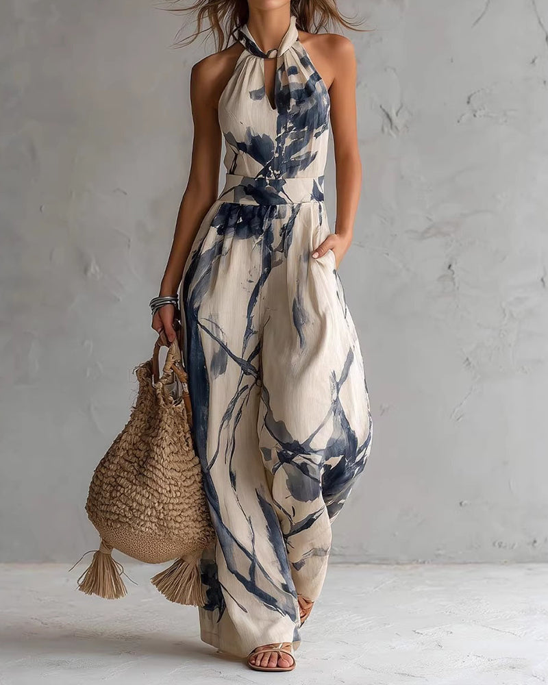 Elvina - Combinaison femme col halter à imprimé aquarelle