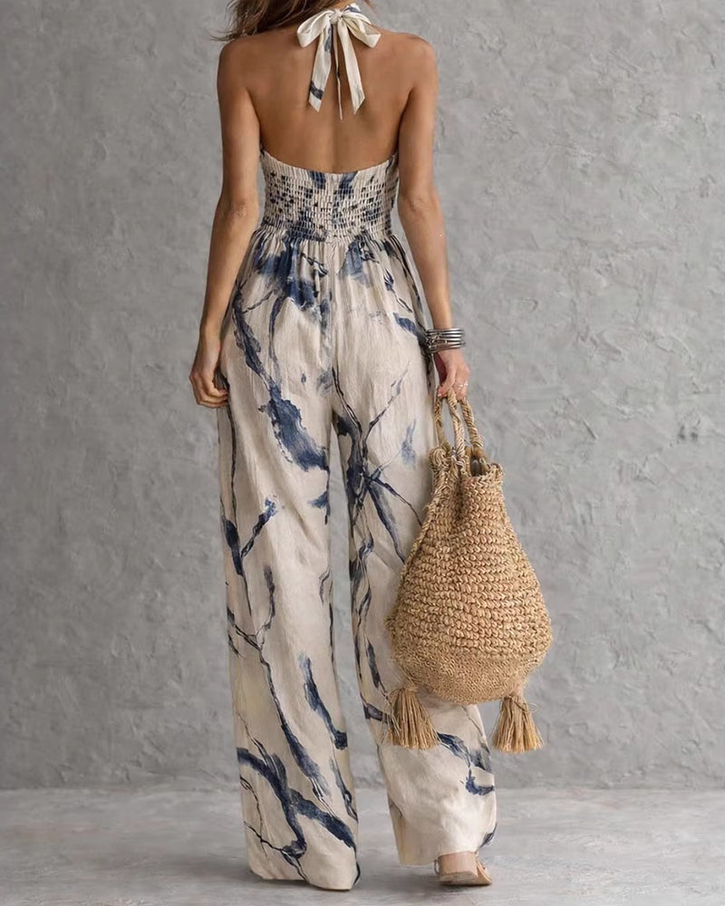 Elvina - Combinaison femme col halter à imprimé aquarelle
