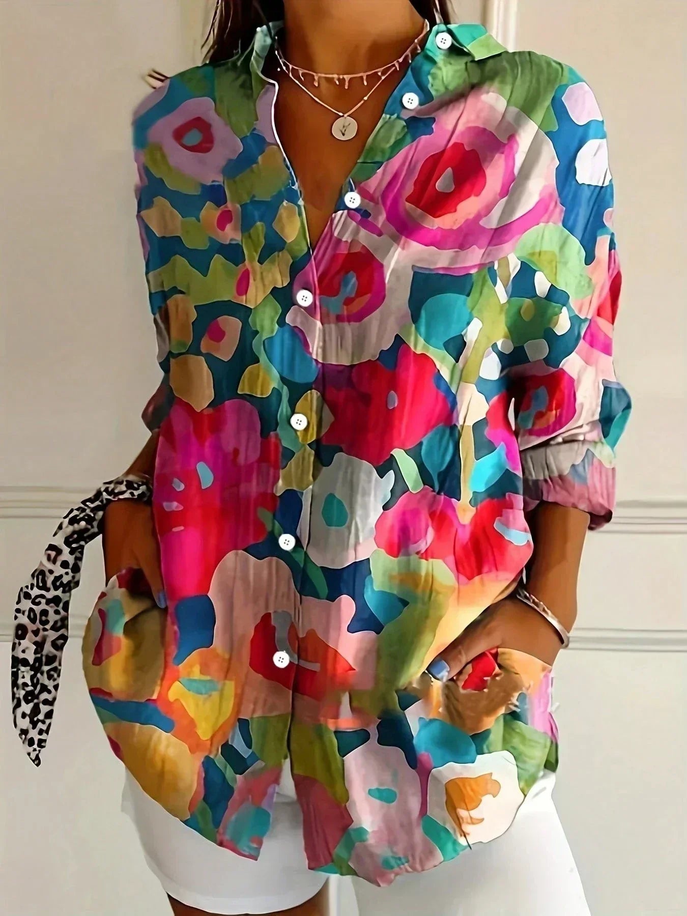 Myzelle - Women's Flowy Printed Long Sleeve V-Neck Button-Up Blouse Elegant