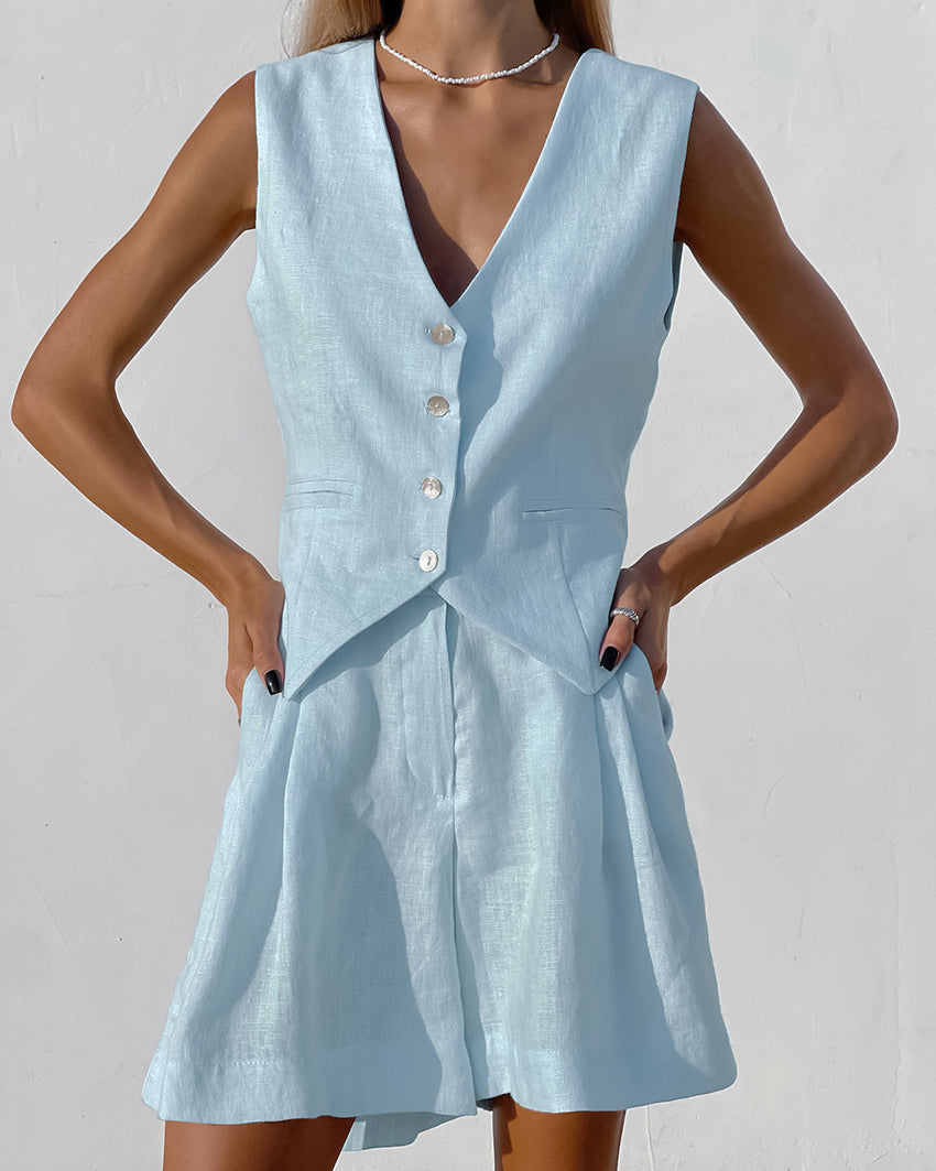 Brionnae - Ensemble femme en coton lin avec gilet boutonné et short
