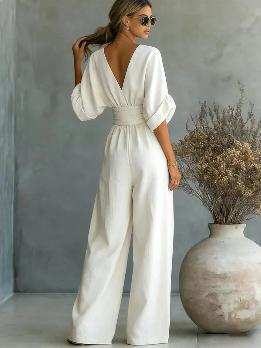 Helyrae - Combinaison Femme Col V Taille Marquée Coupe Fluide Élégante