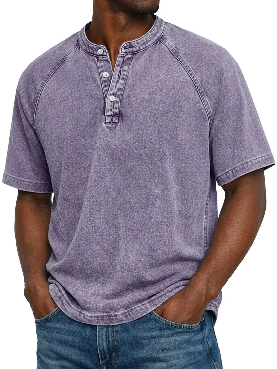Elias - T-shirt homme col Henley manches courtes effet délavé vintage coton