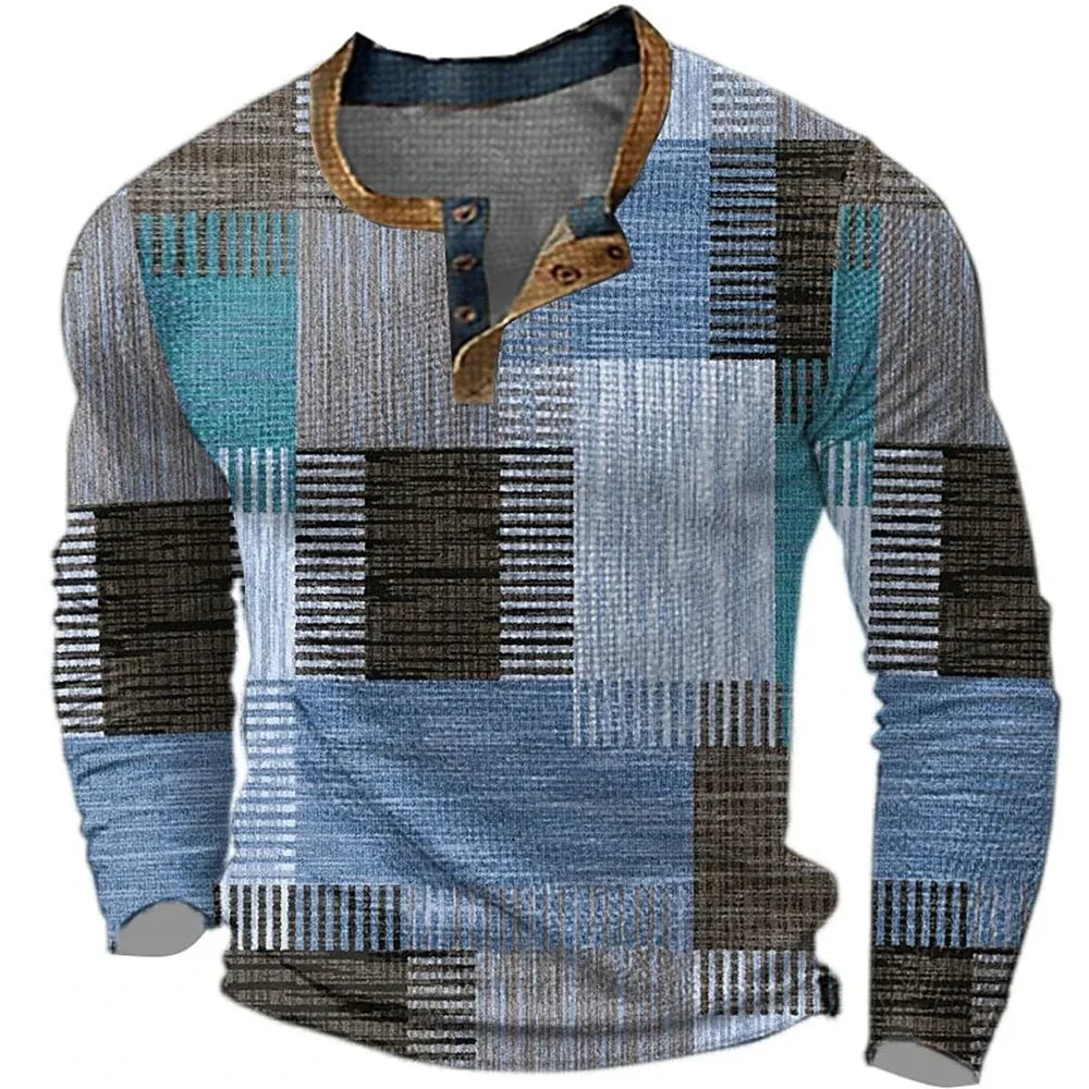 Damian - T-shirt homme manches longues imprimé géométrique col Henley