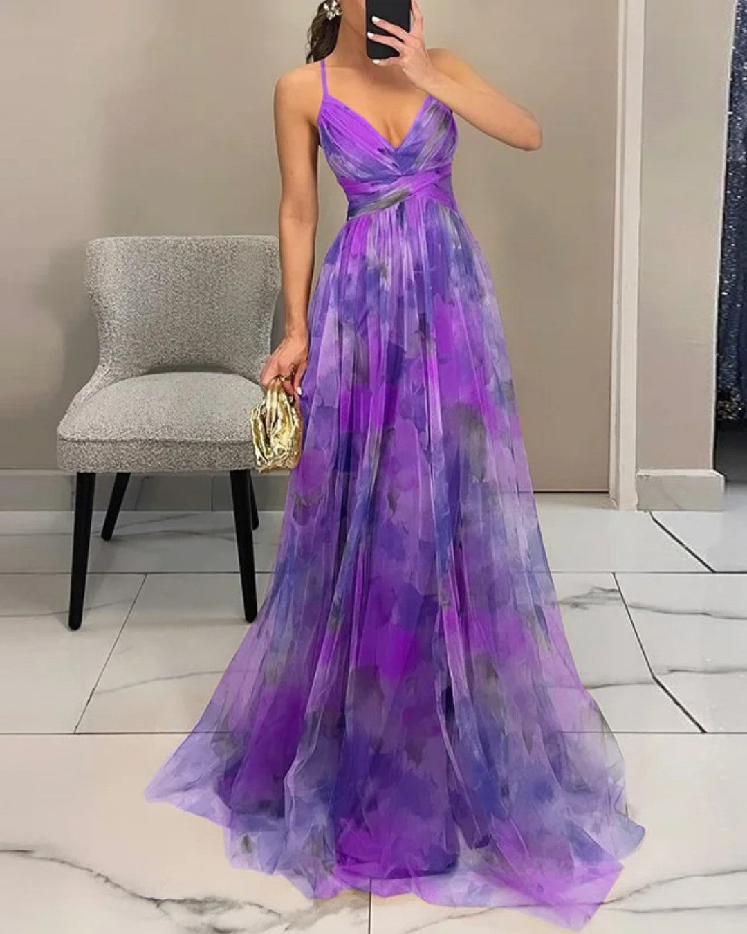 Helena - Robe Maxi Femme Fluide Décolleté V Bretelles Fines Élégance Florale