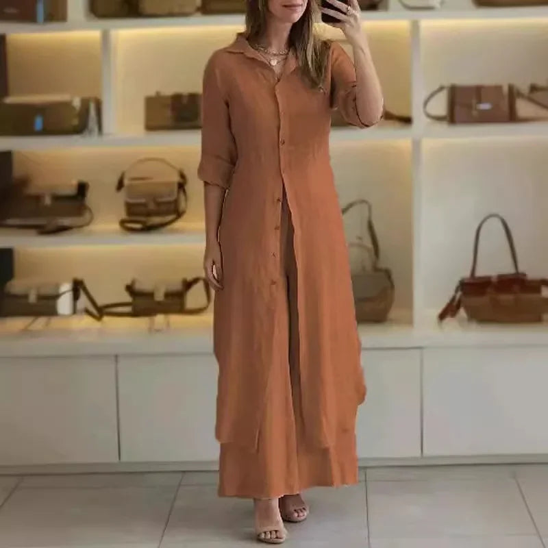 Bresina - Ensemble en lin élégant robe chemise longue et pantalon fluide