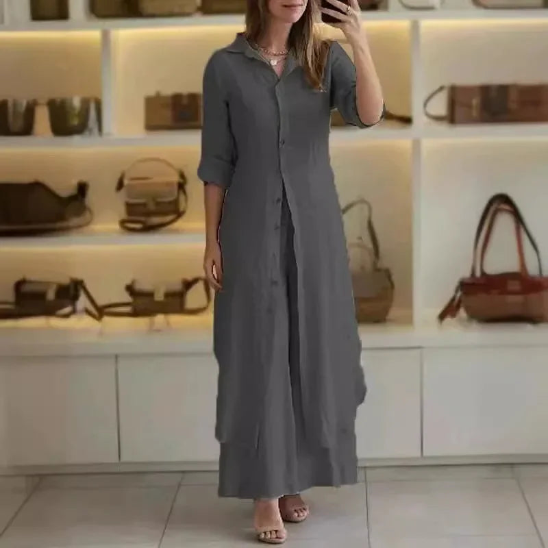 Bresina - Ensemble en lin élégant robe chemise longue et pantalon fluide