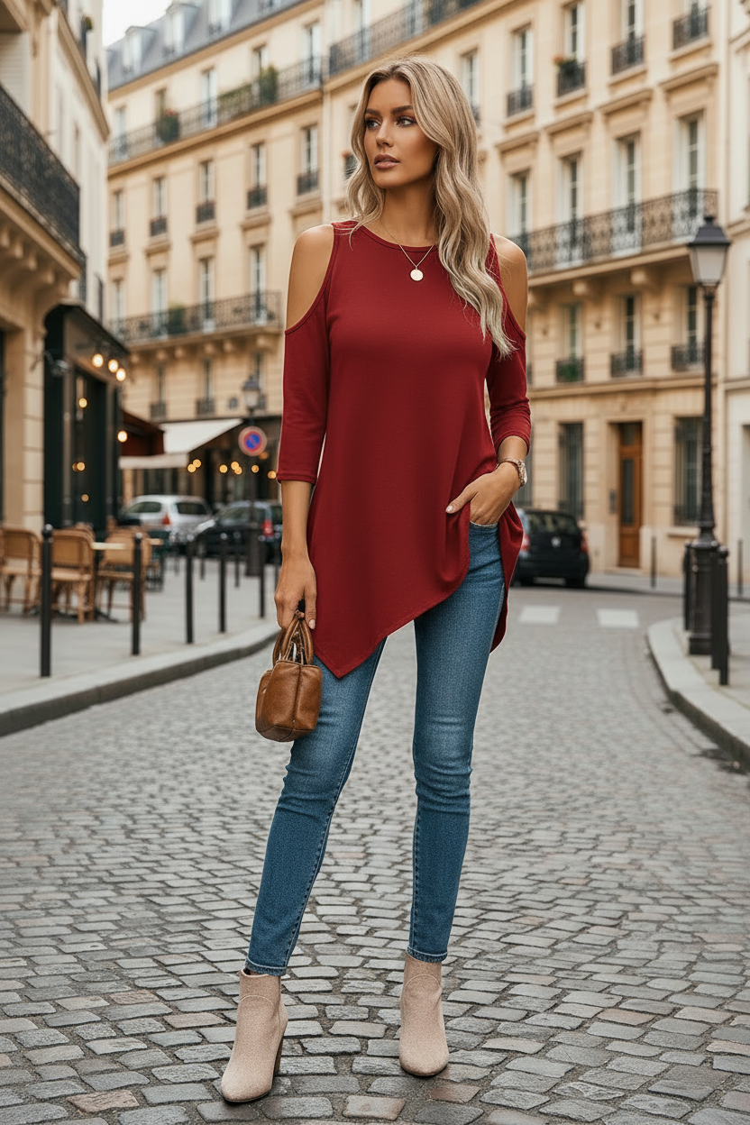 Delyxa - Haut Femme Coupe Asymétrique Épaules Dénudées Style Moderne