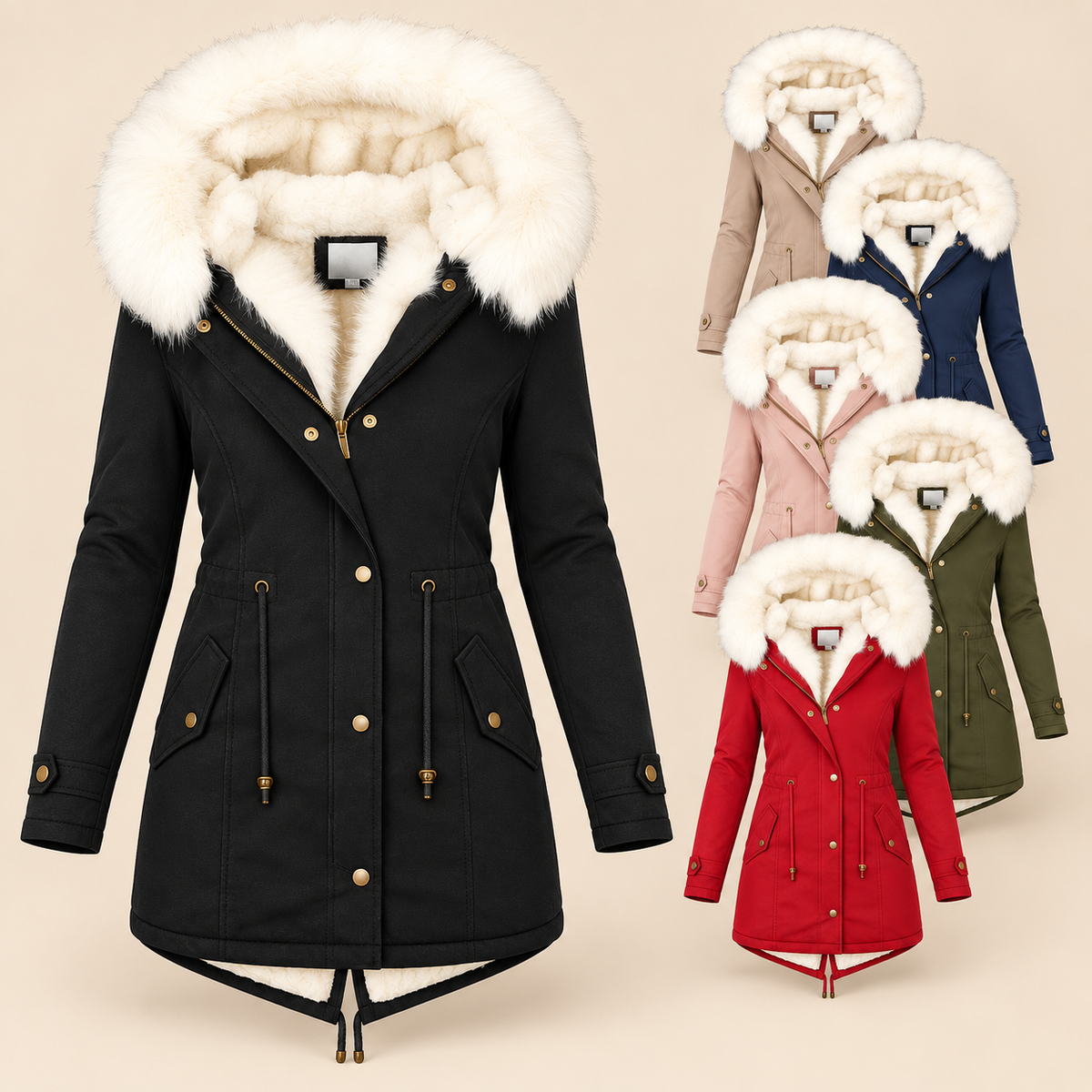 Charline - Women's long hooded parka with adjustable waist