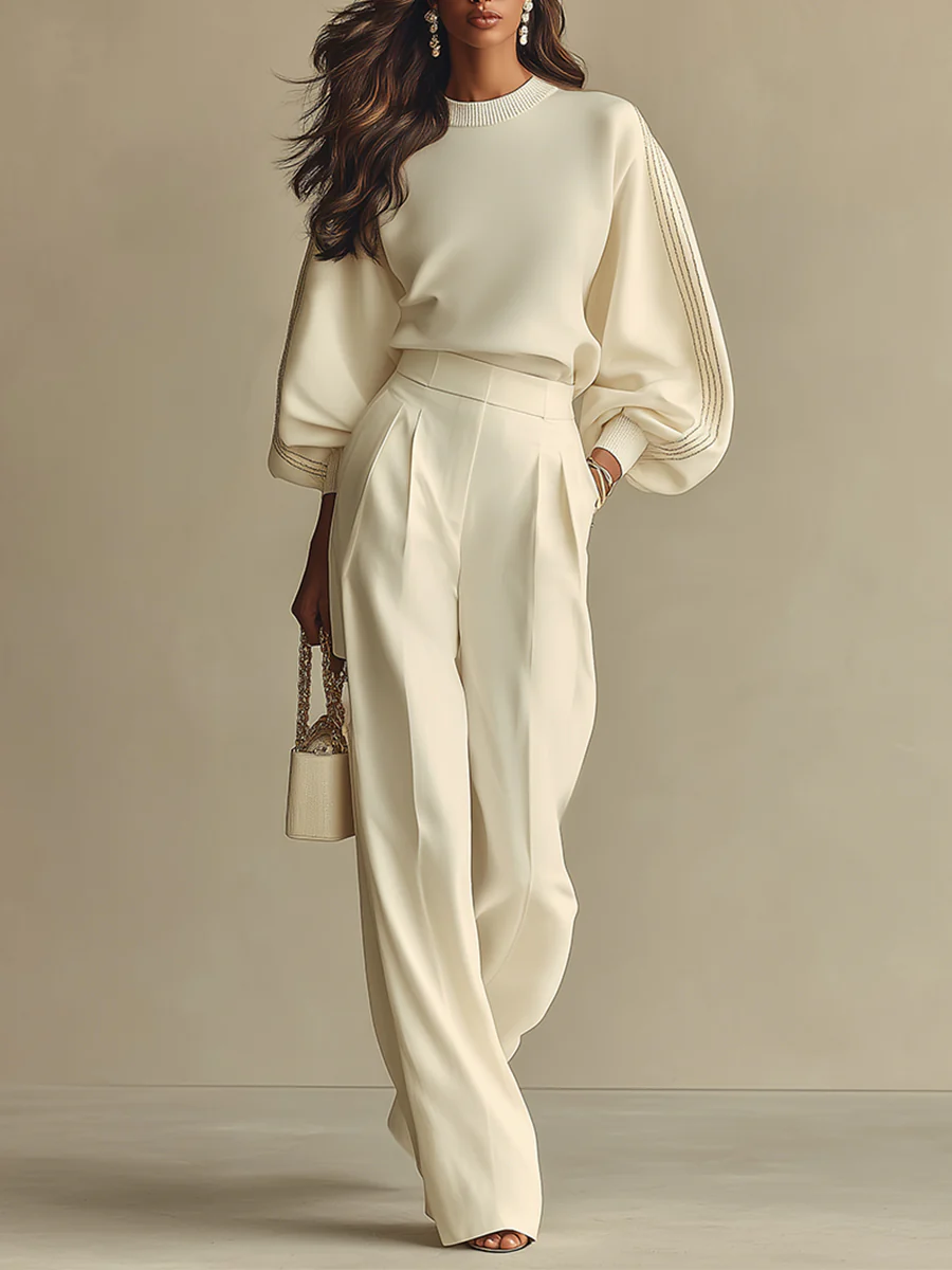 Oliveth - Ensemble Femme Élégant Haut Texturé et Pantalon Large Fluide
