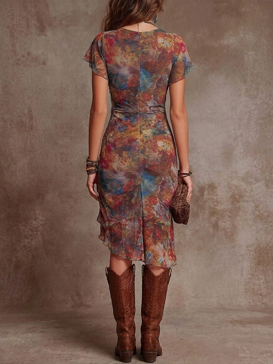 Syvra - Robe Femme Bohème Midi Imprimé Abstrait Décolleté V & Coupe Fluide