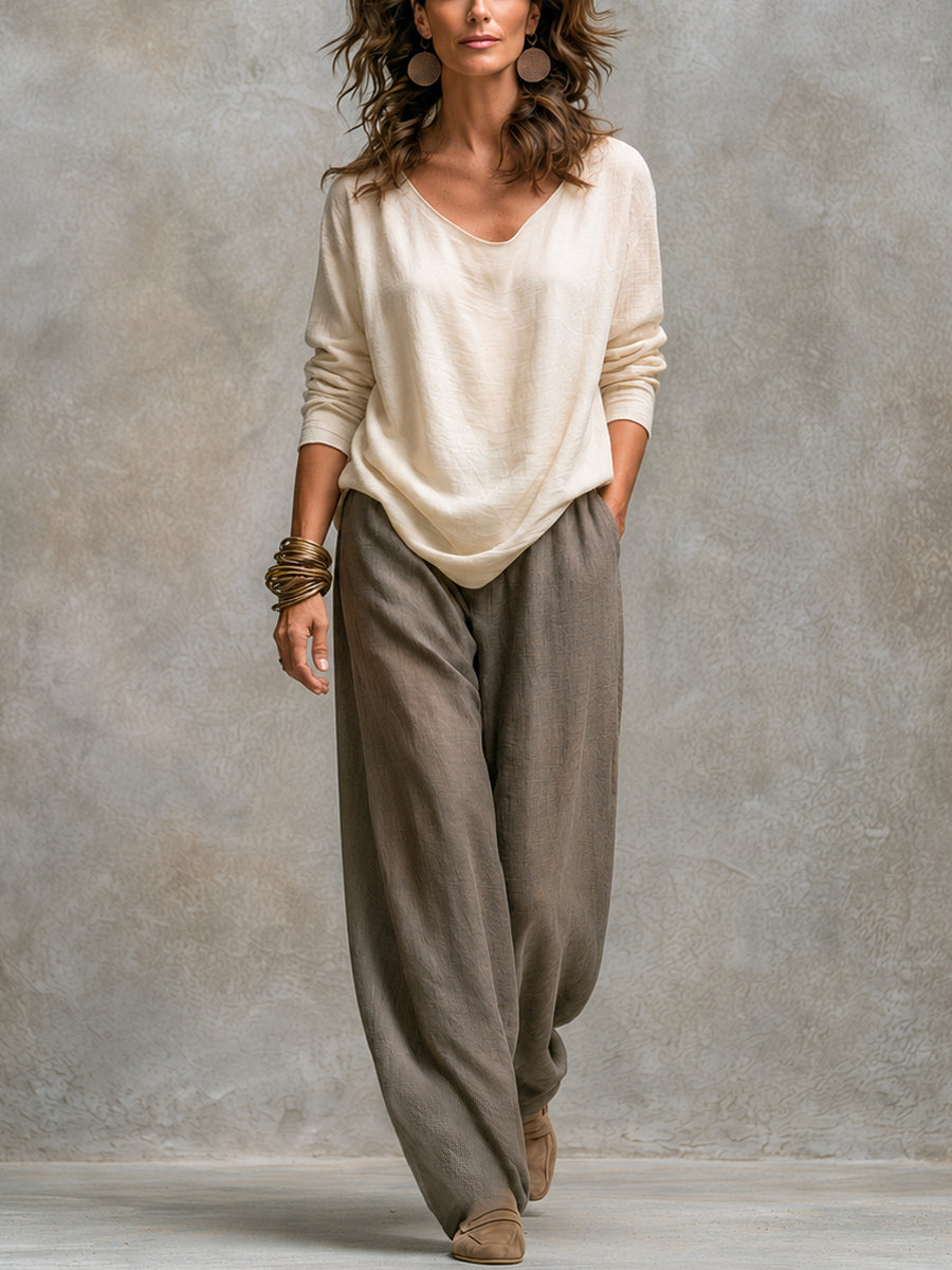Mavelle - Ensemble femme trois pièces beige-gris avec pantalon large