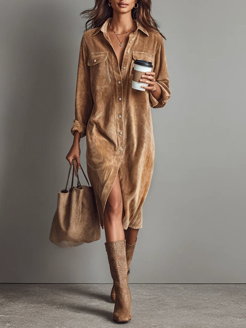 Isolira - Robe Midi en Velours Côtelé Élégante