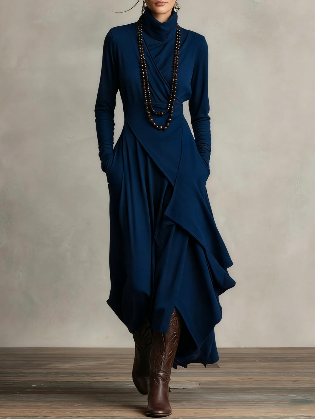 Odélie - Robe longue femme drapée à col roulé asymétrique