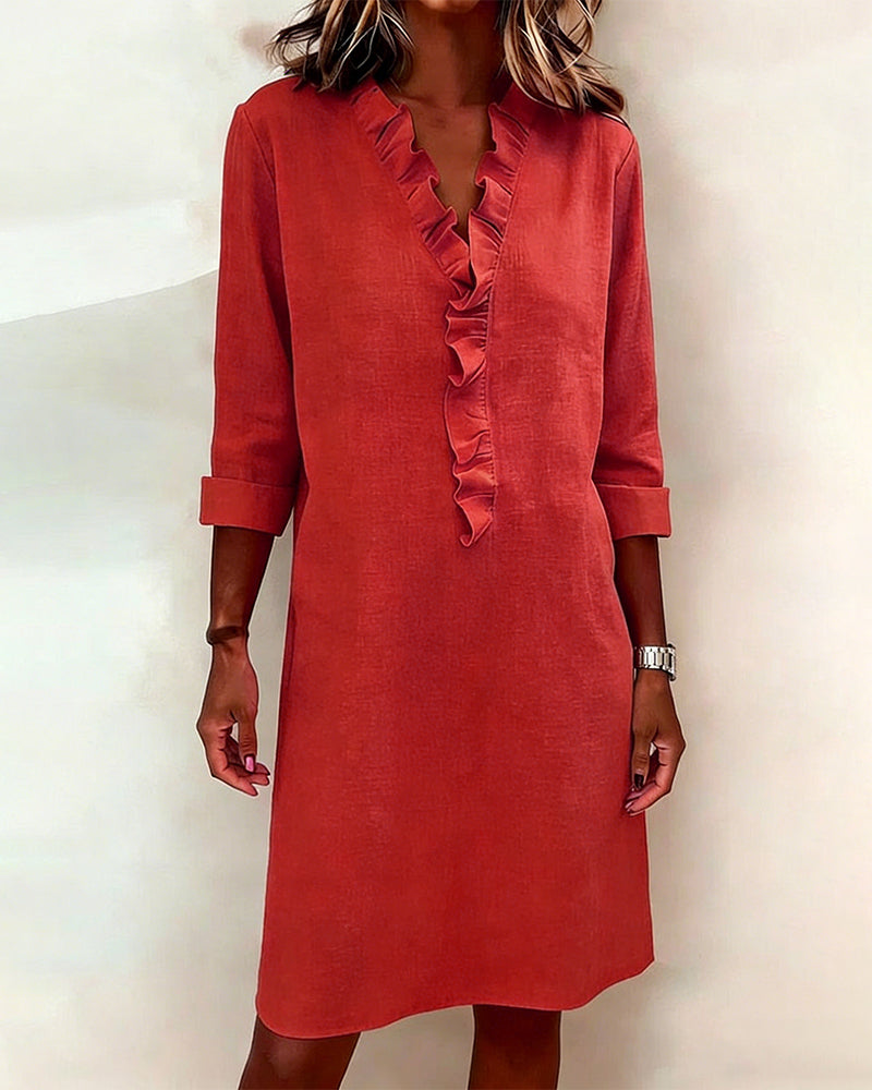 Ophivyn - Robe femme col V à volants coupe droite style décontracté