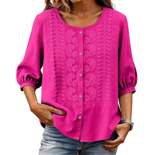 Sorivelle - Blouse brodée femme en coton et lin à manches 3/4