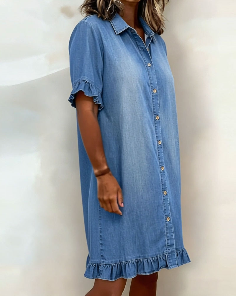 Glytha - Robe Femme Denim Boutonnée Manches Volants Coupe Droite Décontractée