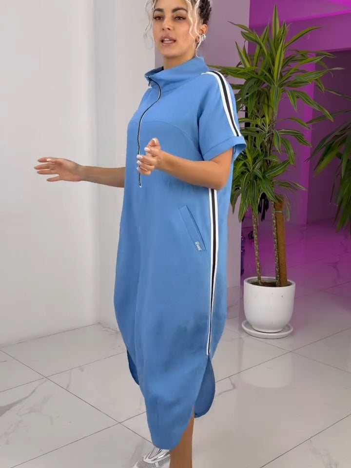 Gavrixa - Robe femme longue zippée col montant coupe fluide style sport chic confortable