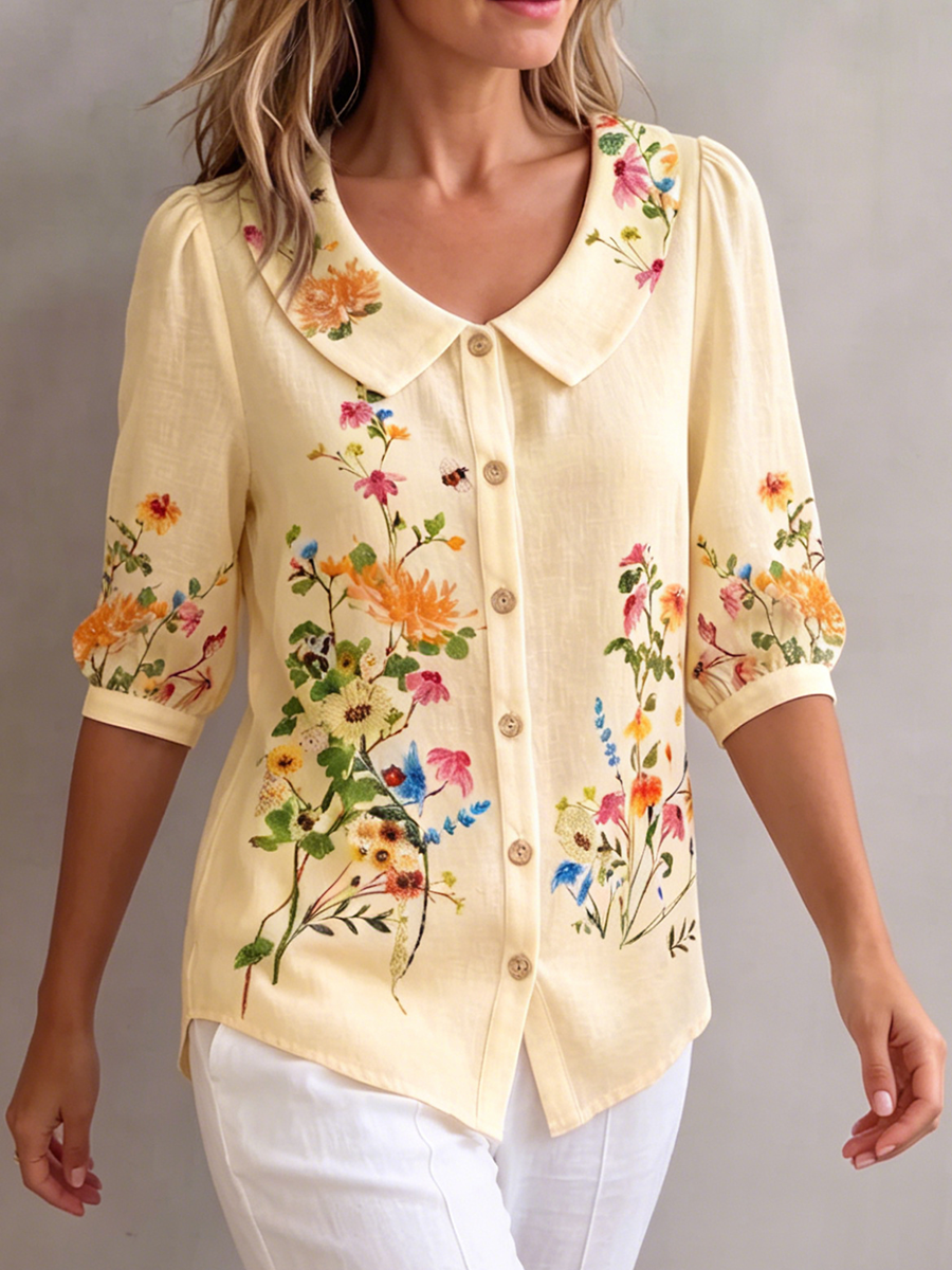 Mavessia - Chemise femme coton et lin imprimé floral artistique vintage