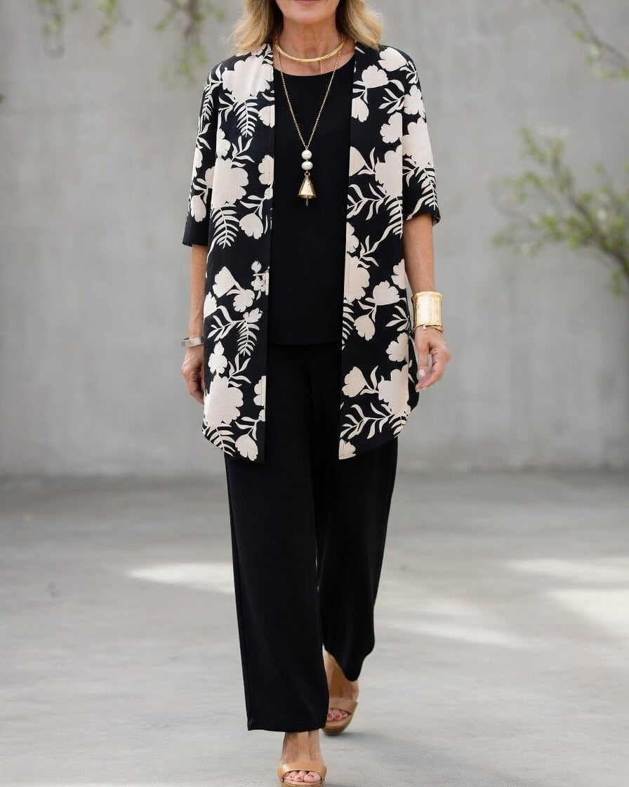 Sabrina - Ensemble Femme Trois Pièces Élégant Cardigan Fluide Haut Et Pantalon Large