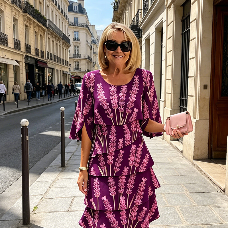 Elyvane - Robe femme mi-longue à volants imprimé floral manches fendues